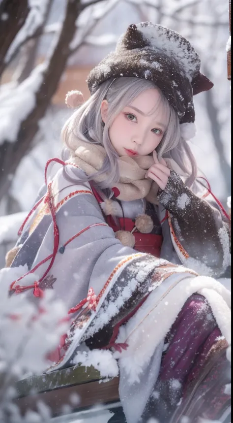 ((Works of masters))，(超高分辨率)，1 girl, Sitting, Lolita costume，Cloak (Snow, Outdoor activities in winter:1.2),Outside the castle，8K，Detailed details，mirth，