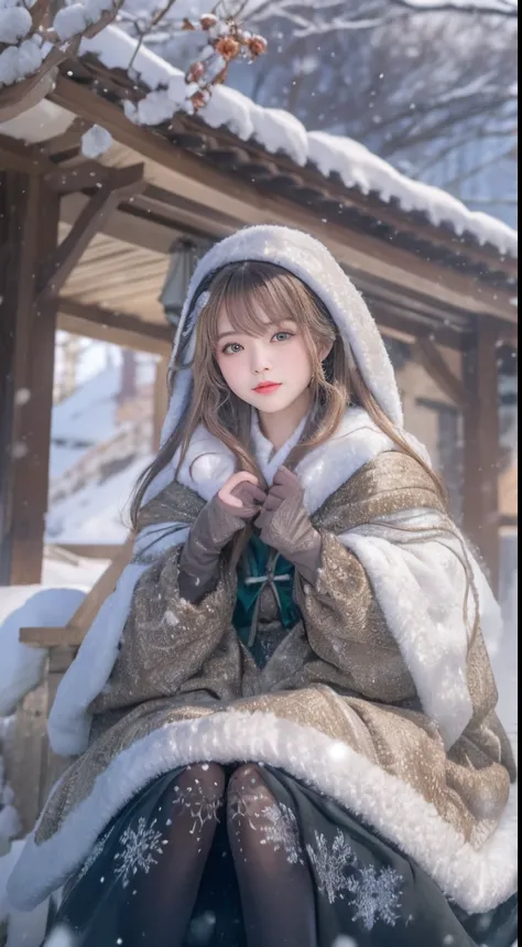 ((Works of masters))，(超高分辨率)，1 girl, Sitting, Lolita costume，Cloak (Snow, Outdoor activities in winter:1.2),Outside the castle，8K，Detailed details，mirth，