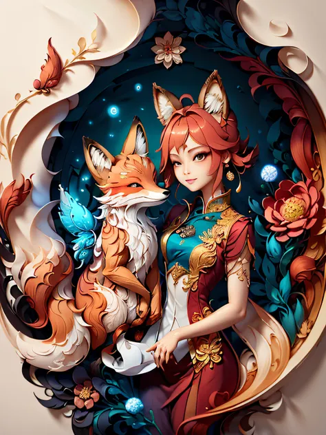 tmasterpiece，best qualityer，A piece of paper drawing，Beautiful Chinese fairy and fox together，