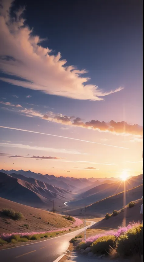 Colorful sunset in the spring mountains, Realistic