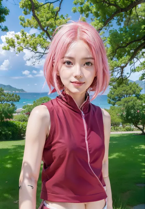 Real life adaption of this character,her name is sakura haruno from anime boruto,(korean teen beauty face),smilling expression ,realistic detailed Messy pink hair style,(wear realistic red bandana) ,realistic detailed eyes,Realistic outfit,hyper realistic,...