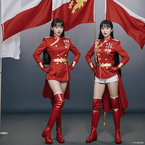 High-end CG screen:Superhero five-star red flag girl wearing exquisite Chinese five-star flag logo uniform，Wear red gloves on both hands+Wear red boots on your feet+National flag，The whole body exudes the superpowers of a five-star red flag girl，，，soio，Ful...