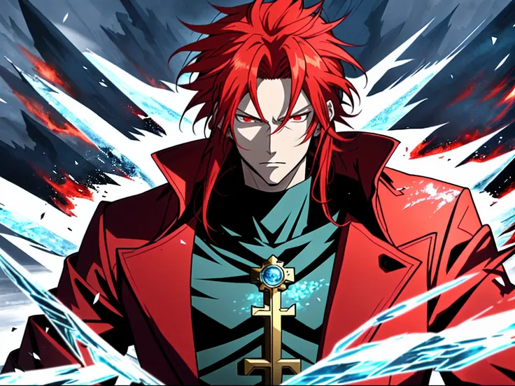 Anime characters with long red hair and red eyes in snowy landscapes, Ice Mage,Tall anime guy with red eyes, freezing blue skin, Key anime art, , male anime character,  Detailed key anime art, full portrait of magical knight, Red coat, with ice powers