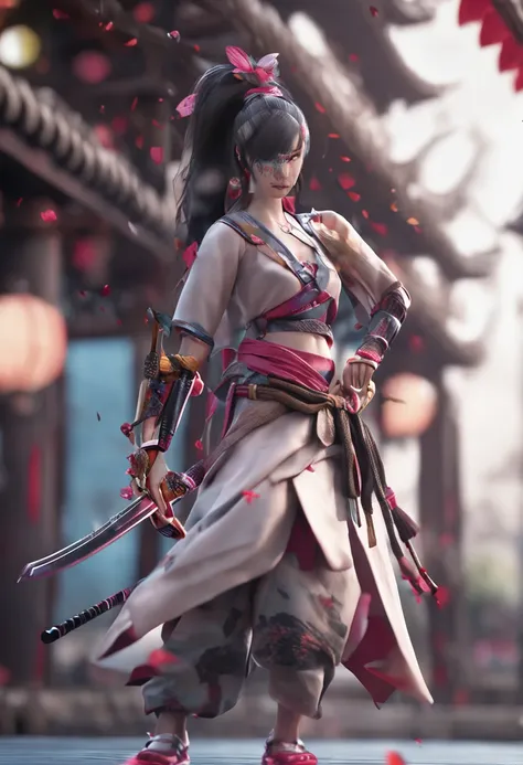 (((frontage,Full-body figure))) A dark-haired, femele, a cool,colourfull,Japanese Katana Sword,PlayingCards,Character Focus, cinema4d, 4K resolution, Complementary natural tones