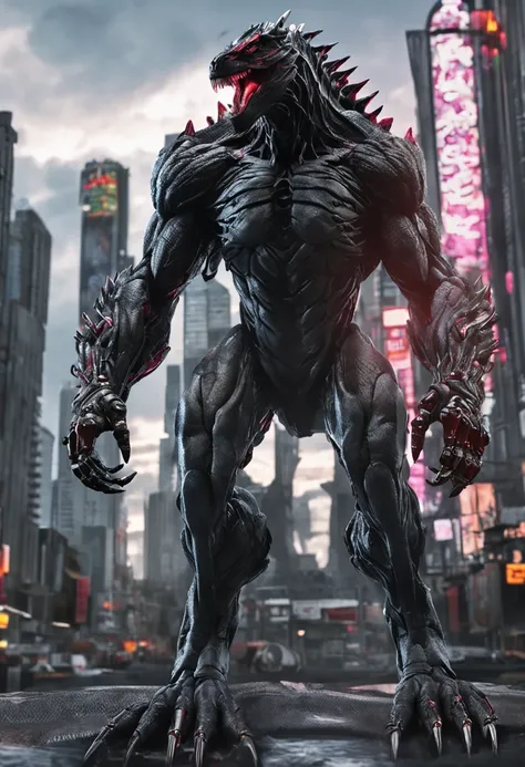 mecha girl, The Venom symbiote covers the entire body of the legendary Godzilla，Evil expression，Hideous-looking，Muscular，The tail is thick，ultra-realistic realism, 8K, super detailing，absurdres, highres, (close view:1.4), upper body, side view, 1girl, long...