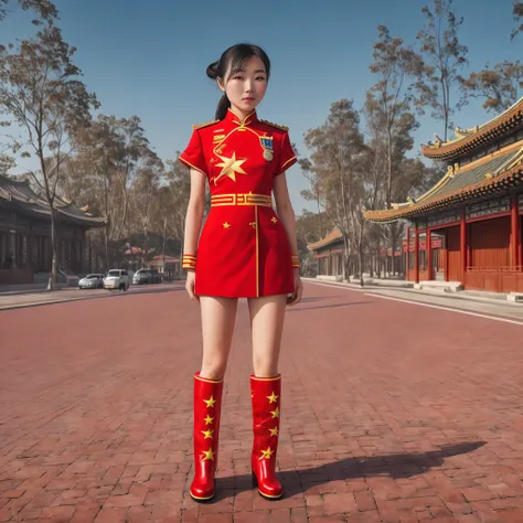 wearing a delicate chinese five-star flag uniform+wear chinese five-star red boots on both feet+national flag，five-star flag gir...