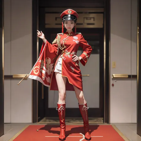 wearing a delicate chinese five-star flag uniform+wear chinese five-star red boots on both feet+national flag，five-star flag gir...