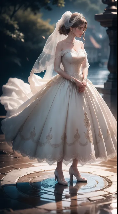 photograph realistic,Elegant European bride in beautiful wedding dress playing in a puddle of dirt, Her veil and skirt were stained with brown mud.