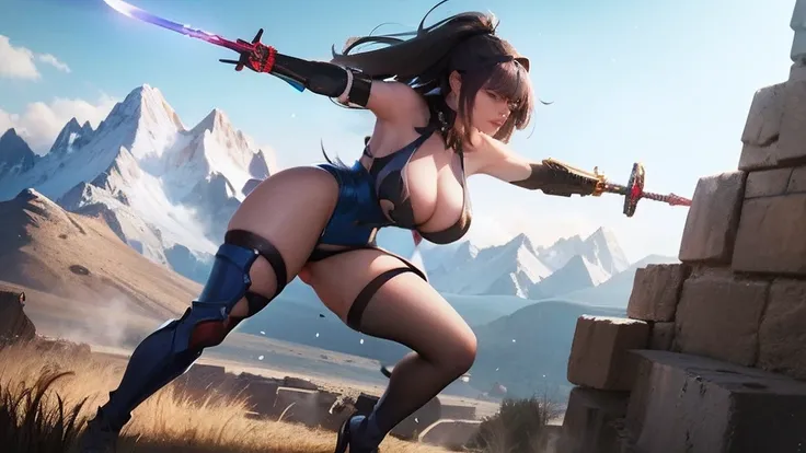 Alafed woman in blue bodysuit holding sword in front of mountain, 2. 5 d cgi anime fantasy artwork, female action anime girl, badass pose, with large sword, beautiful anime girl squatting, beautiful alluring anime woman, Tifa Lockhart, Seductive Anime Girl...