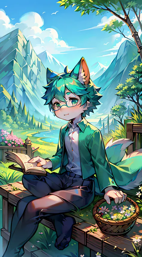 eine Katze，Turquoise shirt，Carrying a bamboo basket，On the grass，Mountains，herbs，Shota，adolable，basket，Herbs in the hand，eye glass，blossoms，Sit on grass，hillside，Picking herbs，suns，nerds，having fun，herbs，Turn your head and look，solo person，The opened book ...