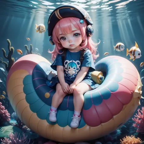 Cute baby chibi anime, Modern and stylish clothes,Sit on a colorful nautilus，coloured with lots of colour，Underwater world，Nautilus tiara