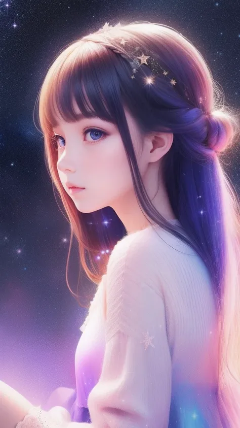 The girls hair is turning into a starry sky，Girls clothes blend into the galaxy