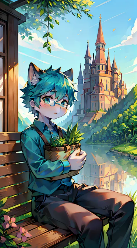 eine Katze，Turquoise shirt，Carrying a bamboo basket，On the grass，Mountains，herbs，Shota，adolable，basket，Herbs in the hand，eye glass，blossoms，Sit on grass，hillside，Picking herbs，suns，nerds