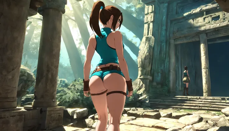 hdr, lara croft, ponytail, from_behind, ass_focus, standing, leaning, looking seriouswearing teal tanktop, brown shorts, holster, belt, boots,
indoors, temple, old ruins, jungle, trees, blue sky, sunny,  beautiful ambiance, extremely detailed, big natural ...