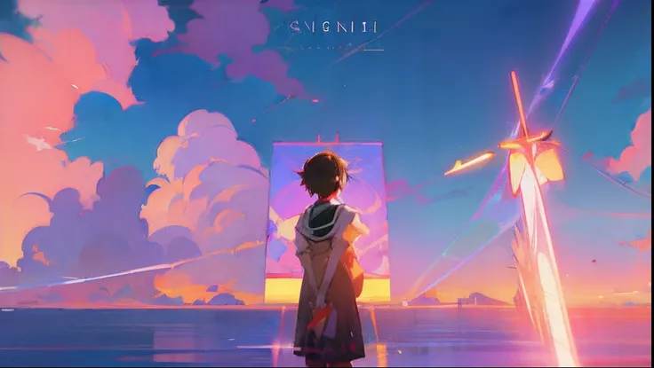 A painting of a woman standing in front of a painting of the sky, ( Evangelion ), Atmospheric anime, ( ( Makoto Shinkai ) ), Official artwork, animeaesthetic, daytime ethereal anime, ( ( ( yoshinari yoh ) ) ), evangelion third impact inspired, from evangel...