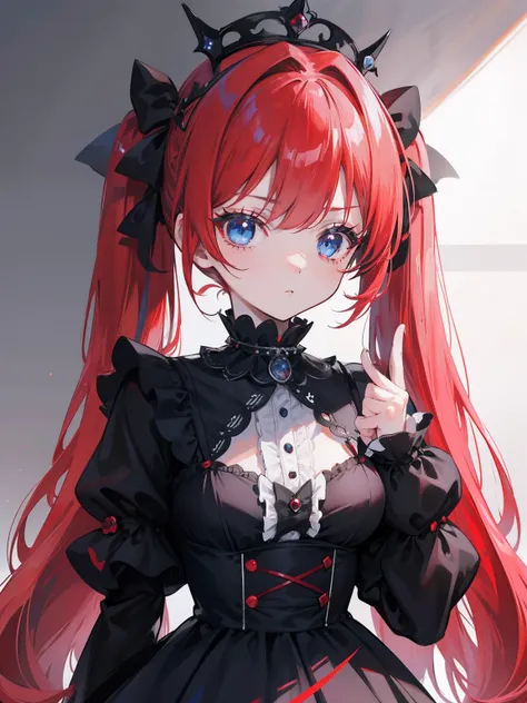 Red hair, Blue eyes, twintails, Goth Lolita, Darkgoth, Collar,Crown tiara,pride,solo,loli,Long hair,{{best quality}}, {{masterpiece}}, {{ultra-detailed}}, {illustration}, {detailed light}, {an extremely delicate and beautiful},little girl,cute,