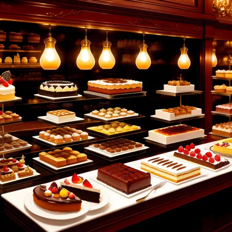 Miniature scenes, European, Baroque, realism, rich colors, desserts, cakes, pastry houses