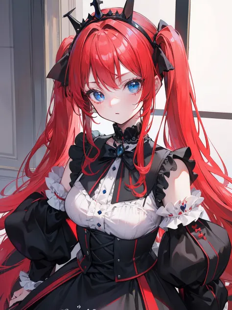 Red hair, Blue eyes, twintails, Goth Lolita, Darkgoth, Collar,Crown tiara,pride,solo,loli,Long hair,{{best quality}}, {{masterpiece}}, {{ultra-detailed}}, {illustration}, {detailed light}, {an extremely delicate and beautiful},little girl,cute,