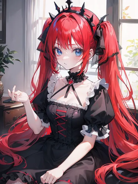 Red hair, Blue eyes, twintails, Goth Lolita, Darkgoth, Collar,Crown tiara,pride,solo,loli,Long hair,{{best quality}}, {{masterpiece}}, {{ultra-detailed}}, {illustration}, {detailed light}, {an extremely delicate and beautiful},little girl,cute,