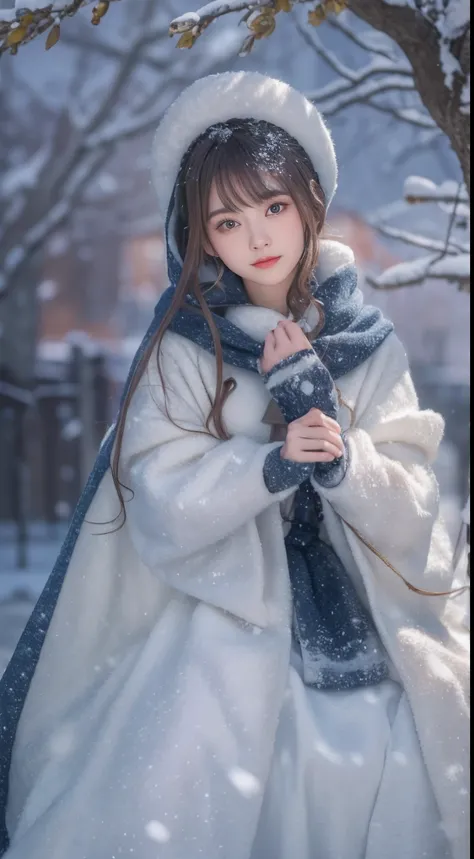 ((Works of masters))，(超高分辨率)，1 girl, Sitting, Lolita costume，Cloak (Snow, Outdoor activities in winter:1.2),Outside the castle，8K，Detailed details，mirth，