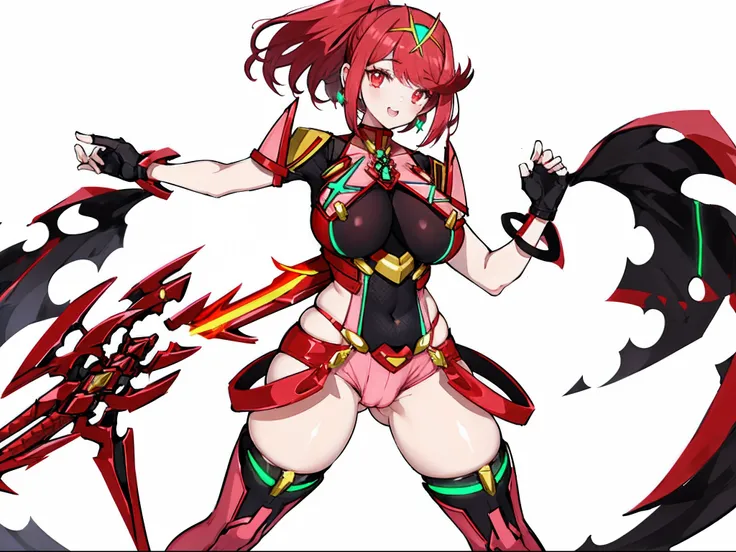 pyra (xenoblade), teen_1girl, loli, armor, bangs, black gloves, breasts, red eyes, light_open_mouth, earrings, eyelashes, fingerless gloves, floating hair, framed breasts, gem, gloves, hair ornament, headpiece, jewelry, big_breasts, leaning back, leotard, ...