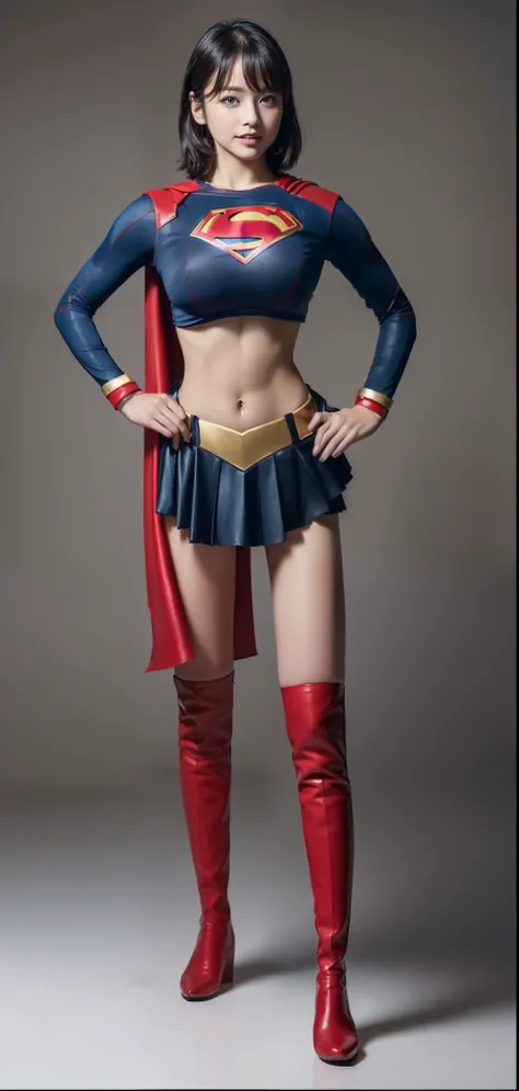 (((Make the most of the original image)))、(((Be sure to wear black tights)))、(((Supergirl Costume)))、(((short-cut、lustrous dark hair)))、(((Be sure to wear red boots)))、((Top image quality、8K))、((top-quality、8K、​masterpiece:1.3))、Crisp focus:1.2、Beautiful w...