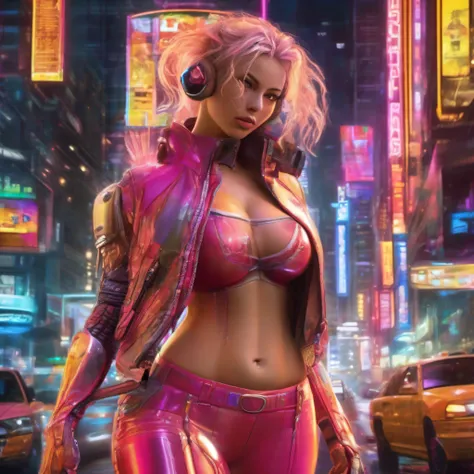 ((Neon Cyberpunk art technique inspired by Ghost In The Shell) , NewYork beautiful Woman in neon cyberpunk street, ((Best masterpiece in the world)), photorealistic art rich in details, ((Realism)), (extremely beautiful girl: 1.5), mature, sexy blond woman...