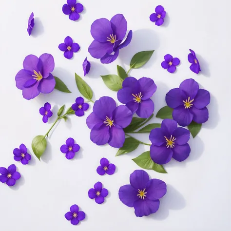 Violet flowers small   natural petals spread randomly on 
super  white material  background, realistic , 8k bright image, super resolution