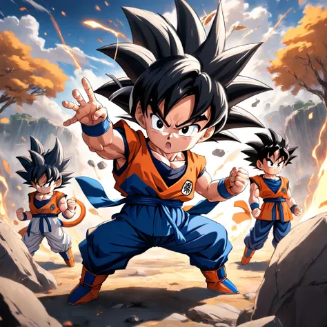 Goku Chibi character in battle pose, on battlefield,With Vedita, E or picolo