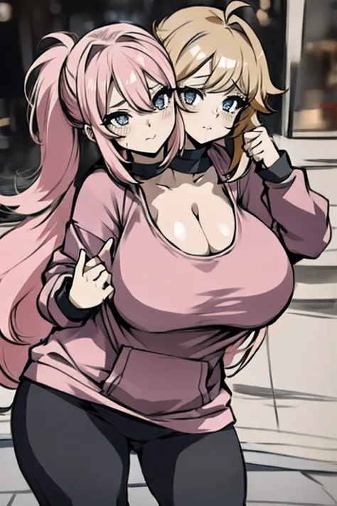 2heads, a short fat woman with 2 heads. She has extremely massive breasts. She looks young. She is wearing a hoodie and leggings. She has pink messy hair in a short ponytail. She is outside in a city during a sunny day. She has gigantic breasts. She is ext...