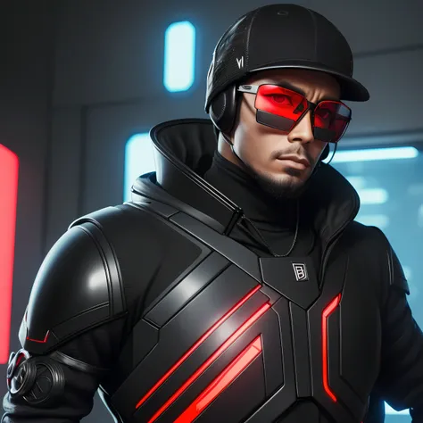 Um homem com traje futurista estilo cyberpunk, traje vermelho e preto com armadura, (((With futuristic style baiseball cap))), (((with futuristic black glasses))) ((autoretrato realista altamente detalhada)), em fundo raios estilo abstrato, em cores vivas,...