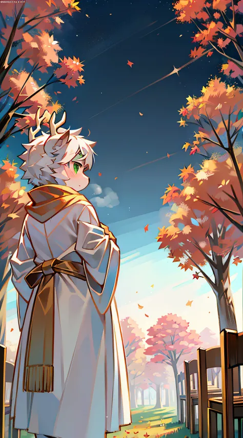 A white deer，In the maple forest，maple trees，Falling maple leaves，Shota，adolable，facing away from the audience，A maple leaf fell on his hand，hands out，back to look back，long white robe，orange scarf，Flowing scarf，flowing robe，brightly，nebulous sky，Green eye...