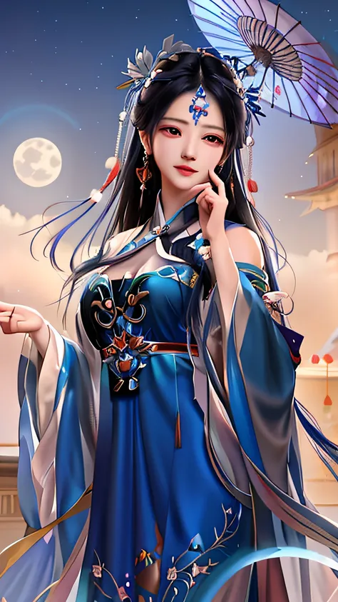 wearing blue dress，Arad woman with umbrella and full moon, Palace ， A girl in Hanfu, a beautiful fantasy empress, ((a beautiful fantasy empress)), trending on cgstation, Inspired by Lan Ying, full-body xianxia, Beautiful celestial mage, Inspired by Huang J...