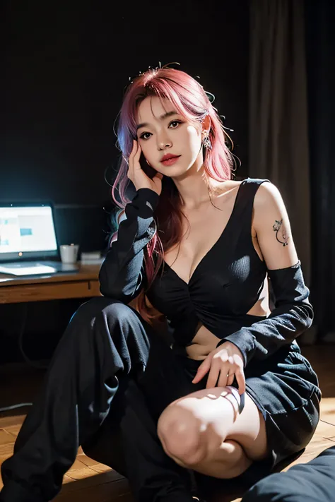 write、One Woman、A MILF、Alone、[Navy blue and pink hair:Blue and pink hair:0.2]、cyberpunked、Hi-Tech、で、machine components、looking at the spectator、Black eyes、length hair、Luminous Laser Women Supertech Jumpsuit、Mechanical body parts of cyberpunks、tattooed、inte...