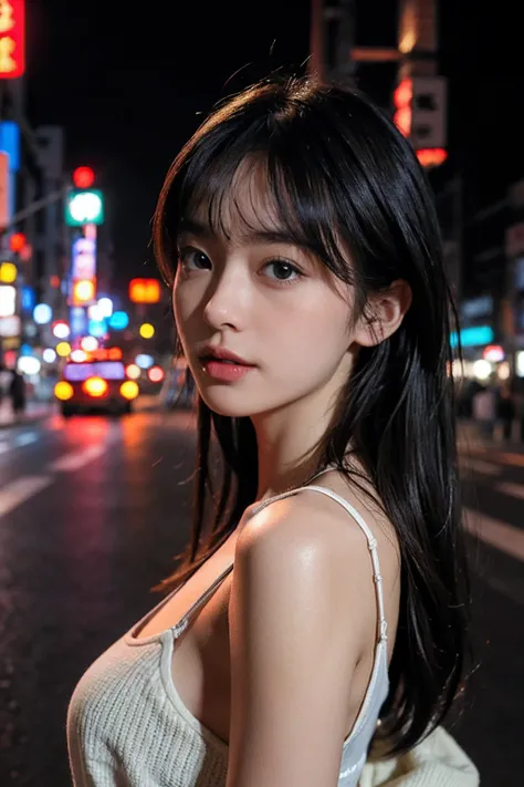 1girl, Tokyo street,night, cityscape,city lights, upper body,close-up, 8k, RAW photo, best quality, masterpiece,realistic, photo-realistic,