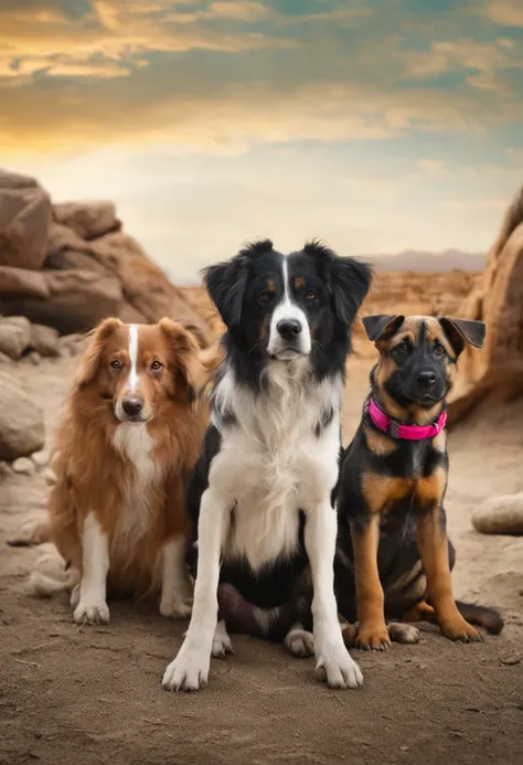 Several dogs of different breeds grouped in a bag