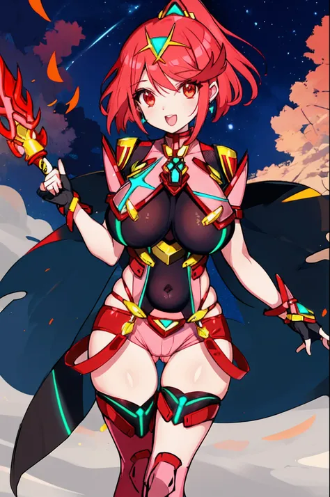 pyra (xenoblade), teen_1girl, loli, armor, bangs, black gloves, breasts, red eyes, light_open_mouth, earrings, eyelashes, fingerless gloves, floating hair, framed breasts, gem, gloves, hair ornament, headpiece, jewelry, big_breasts, leaning back, leotard, ...