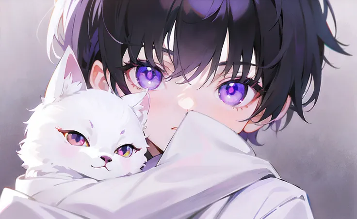 Anime boy with purple eyes holding a white fox in his arms, Soft anime illustration, style of anime4 K, with glowing purple eyes, Guviz-style artwork, Ilya Kuvshinov. 4 k, with vivid purple eyes, anime moe art style, Digital anime illustration, Detailed di...