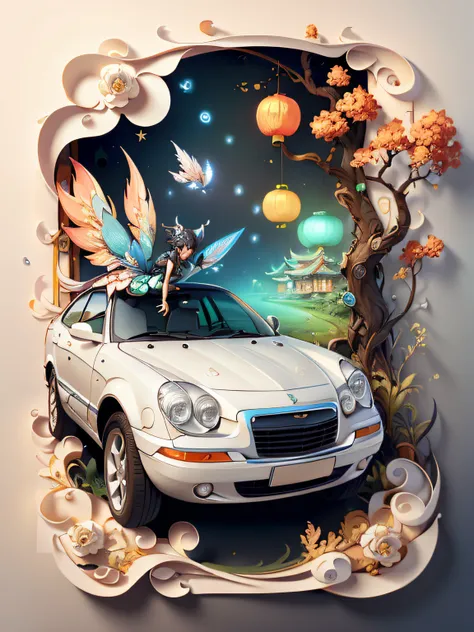 tmasterpiece，best qualityer，A piece of paper drawing，Beautiful Chinese fairy with car，