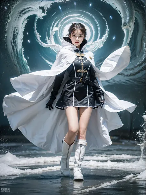 Nature Guardian Typhoon woman wearing typhoon symbol uniform，White cloak, Long white gloves on his hands, Wear white knee-length boots on her feet, Stand in the middle of a typhoon and release energy to photograph your whole body