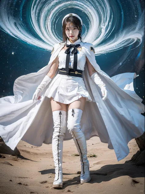 Natural Superpower Lady Typhoon Lady Tae-yeon wearing Typhoon logo uniform，White cape, Wear long white gloves on both hands, Wear white over-the-knee boots on her feet, Stand in the eye of the typhoon，Unleash the power of the FX 100%shooting full body