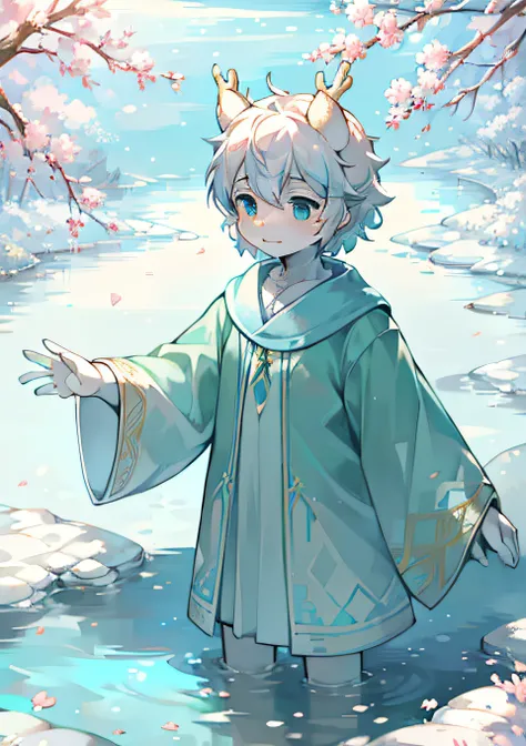 White deer standing by the river，White body，Ambiguous gender，Green robe，Clear blue river water，flowing river，White pear blossom tree，Pear petals，Petals fall on the grass，Petals float on the surface of the river，nevando，snowfield，solo person，adolable，infanc...