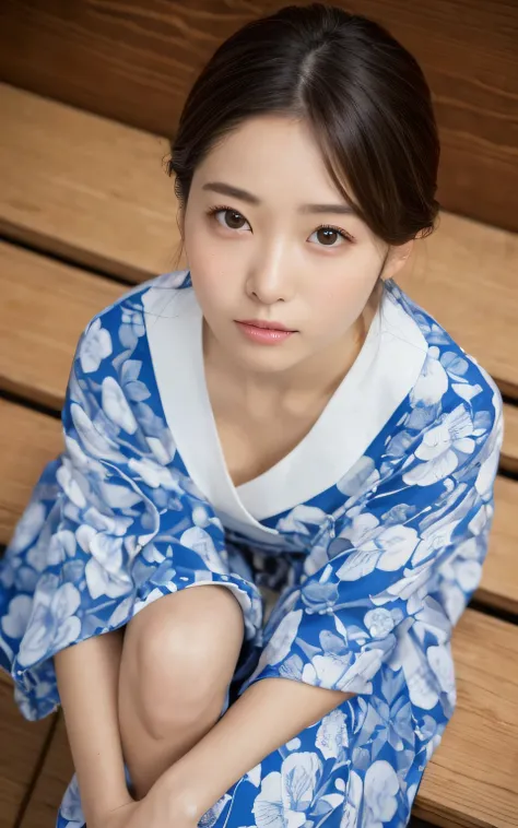 ((of the highest quality, 8K, masutepiece: 1.3)), Beauty, 1 Japan Girl, Big: 1.3, dark brown hair, (Open legs: 1.2), detailed face, very detailed lips, Detailed eyes, Double eyelids, open yukata, Sweaty skin: 1.2, ((from above: 1.5)), sexy