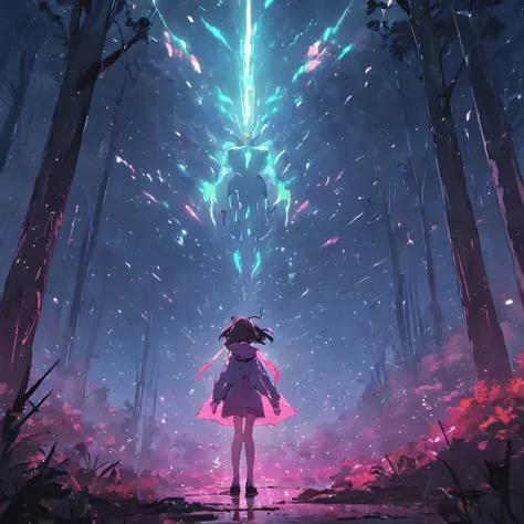 in the nighttime, A girl stands in the middle of the forest and is kidnapped by a gigantic alien in the sky, Neonlichter, Queimadura de lente (Queimadura de lente), Chromatic freak, 8K resolution, Ultra realista, Sombreamento perfeito