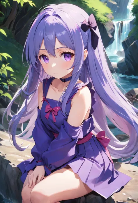 Close-up of a girl with long purple hair sitting on a rock, Beautiful anime girl, Cute anime girl, style of anime4 K, up of young anime girl, a beautiful anime portrait, portrait anime girl, portrait of cute anime girl, cute anime waifu in a nice dress, pr...