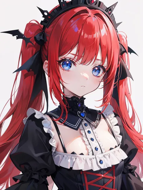 Red hair, Blue eyes, twintails, Goth Lolita, Darkgoth, Collar,Crown tiara,pride,solo,loli,Long hair,{{best quality}}, {{masterpiece}}, {{ultra-detailed}}, {illustration}, {detailed light}, {an extremely delicate and beautiful},little girl,cute,