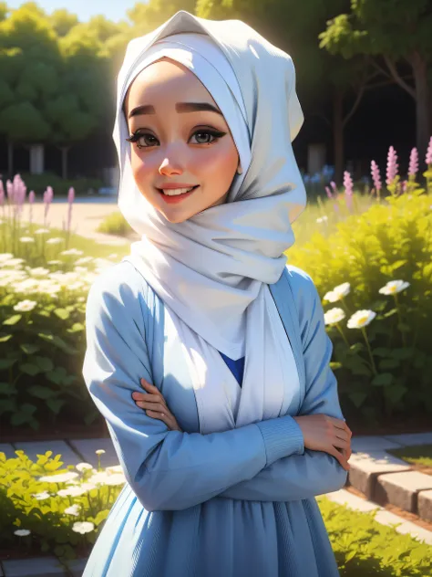 a woman in a blue dress and white hijab poses for a picture, cute face, beauty girl, big eyes, smiling, close up, hijab, ruan cute vtuber, white hijab, portait photo profile picture, in garden, inspired by Naza, zenra taliyah, inspired by Ni Yuanlu, with k...