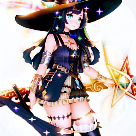 Witch in pointed hat holding a large magic wand with star on tip, magia de elenco de bruxa de anime de paquera, bruxa brilhante, academia bruxa, Preto - Mago Cabelo, menina mago negro, menina bruxa, Roupas de bruxa astral, feiticeira bonita, sky witch, bru...