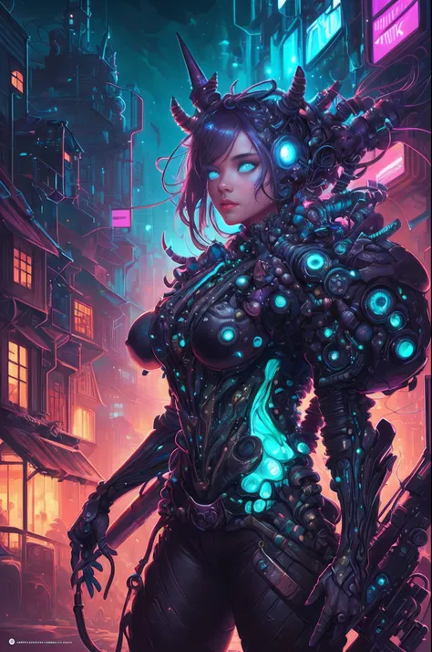 Amazing anatomy, (beautiful female Biopunk), cowboy shot, biopunk city background, bioluminescence, (64k ultra hd:1.1), (art by apterus, art by dan mumford, art by lovecraft:1.2), best quality, cgsociety, trending on ArtStation.