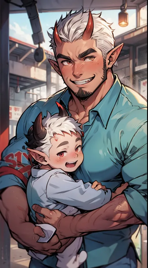 1 man, young middle-aged man, Oni, (crimson dark red skin), long pointy ears, little red horns on the forhead, fangs, cute happy smile, square face, solo, muscular, hairy, chubby, belly, tall,  giant, hunk, big biceps, big thighs, wide shoulder, facial hai...